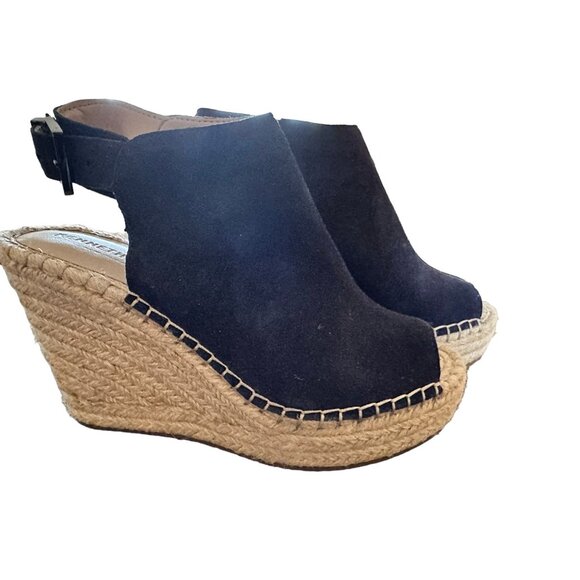 🍒 2/$20 🍒 Navy Blue Suede Open Toe Wedges with Buckle Closure sz 6.5 - Picture 2 of 6